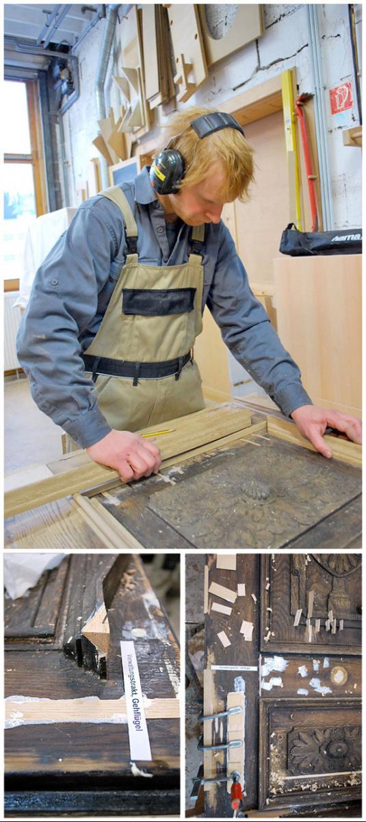 Die aufwendigen Profilierungen werden genau rekonstruiert und eingefügt Die aufwendigen Profilierungen werden genau rekonstruiert und eingefügt