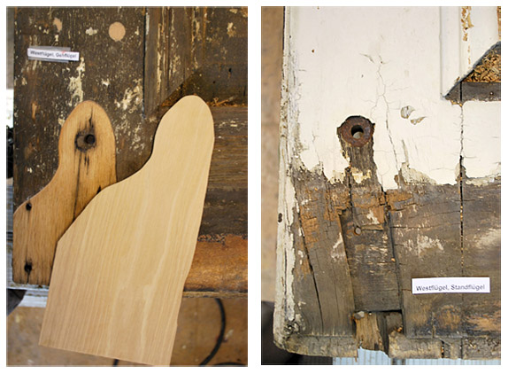 Materialersatz an einer unteren Rahmenecke. Pilzzerstörtes Holz wird ausgetauscht. Materialersatz an einer unteren Rahmenecke. Pilzzerstörtes Holz wird ausgetauscht.